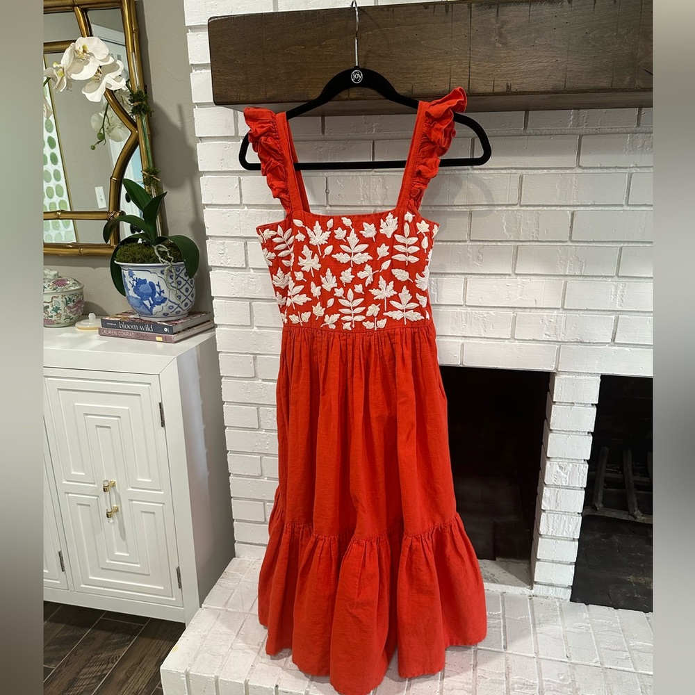Cara Cara Orange-Red Midi Dress with White Floral Embroidery